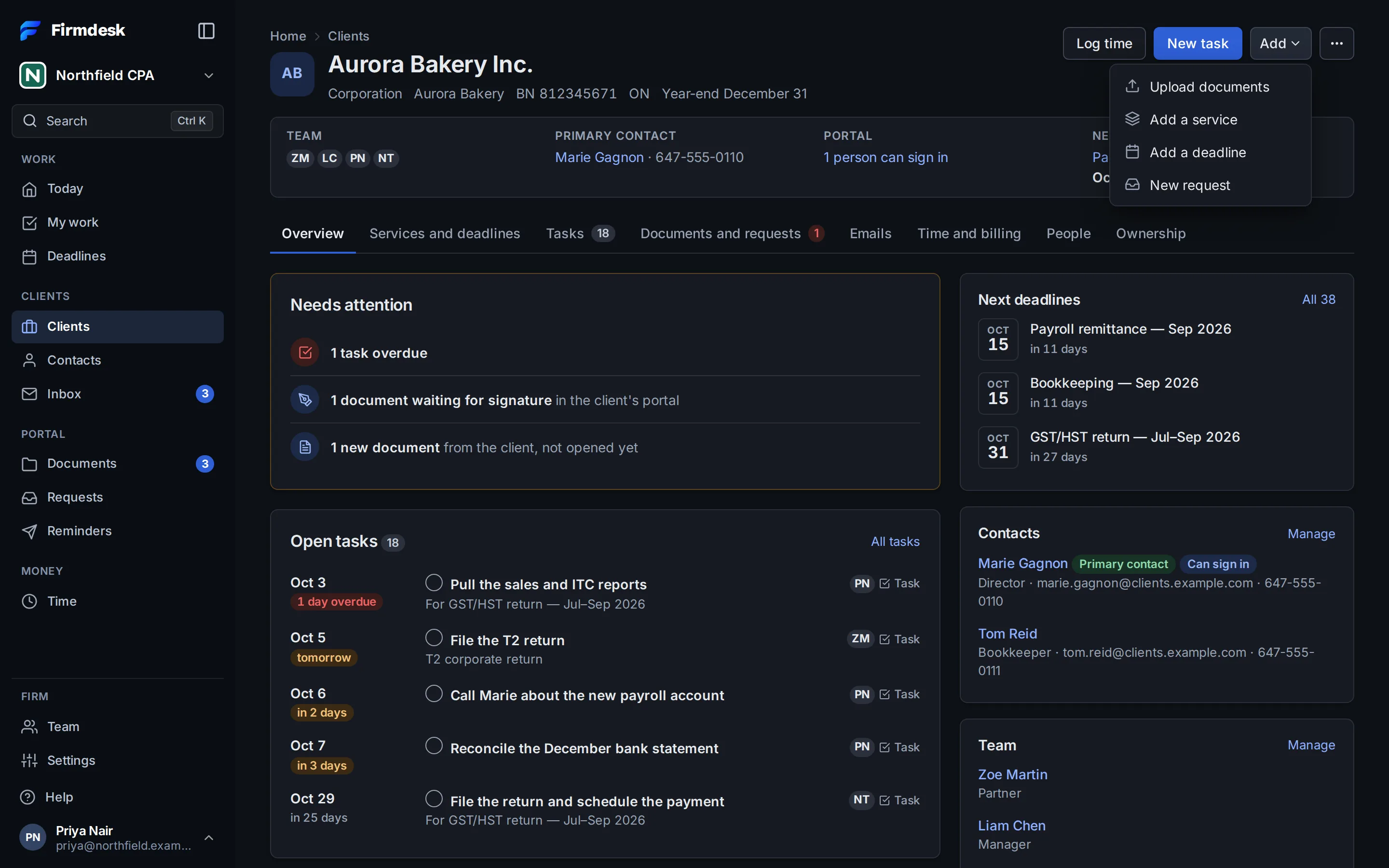A client's page, with Add open: Upload documents, Add a service, Add a deadline, New request