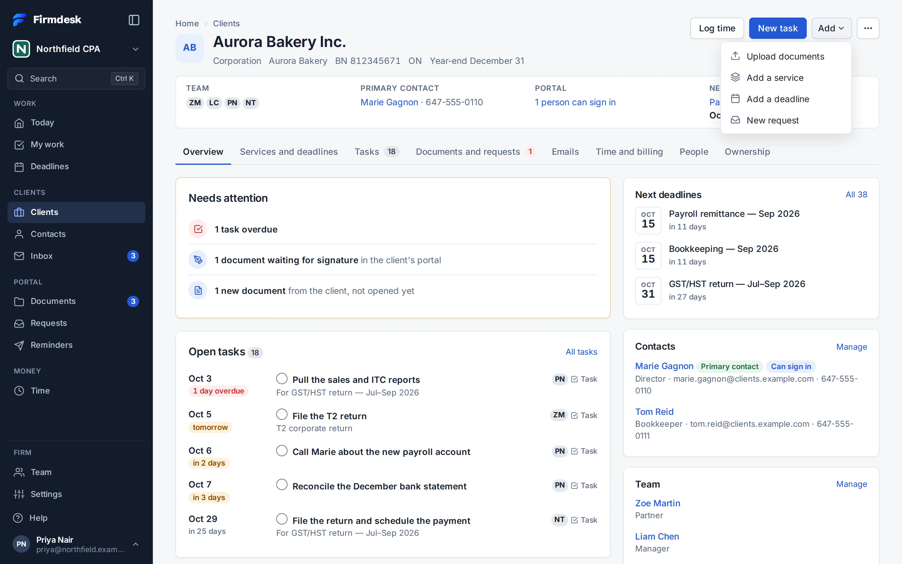 A client's page, with Add open: Upload documents, Add a service, Add a deadline, New request