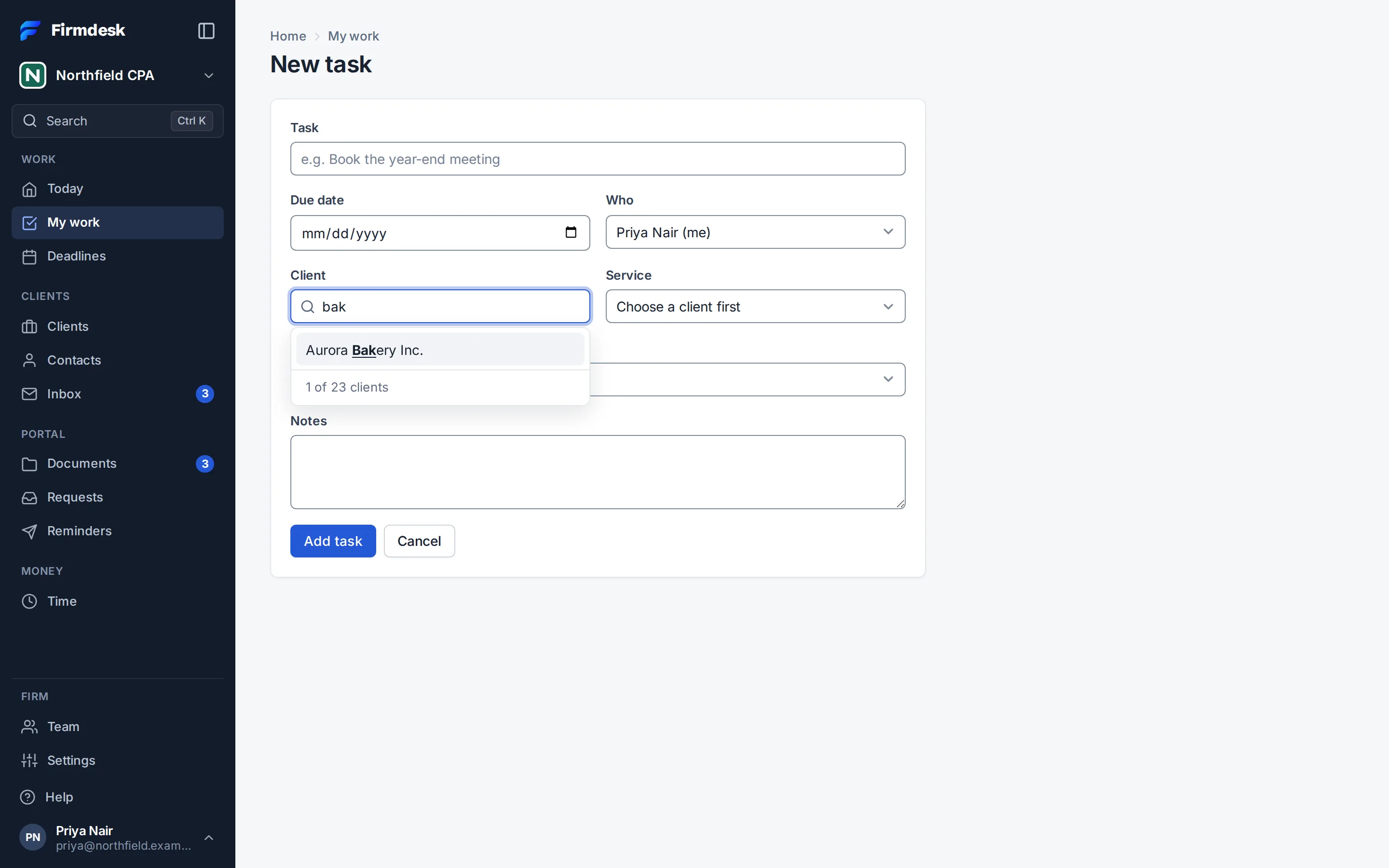 Typing part of a client's name in New task