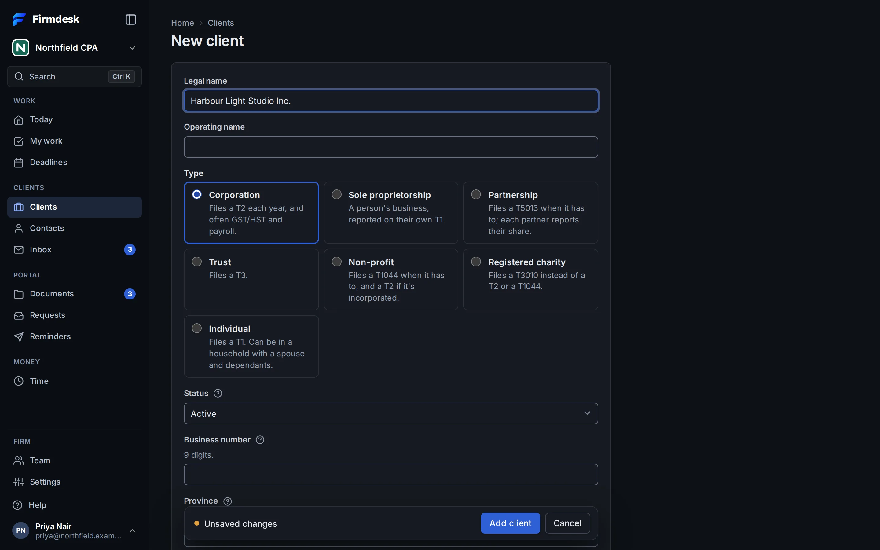 New client: each type says what it files, and the row with Add client stays in reach