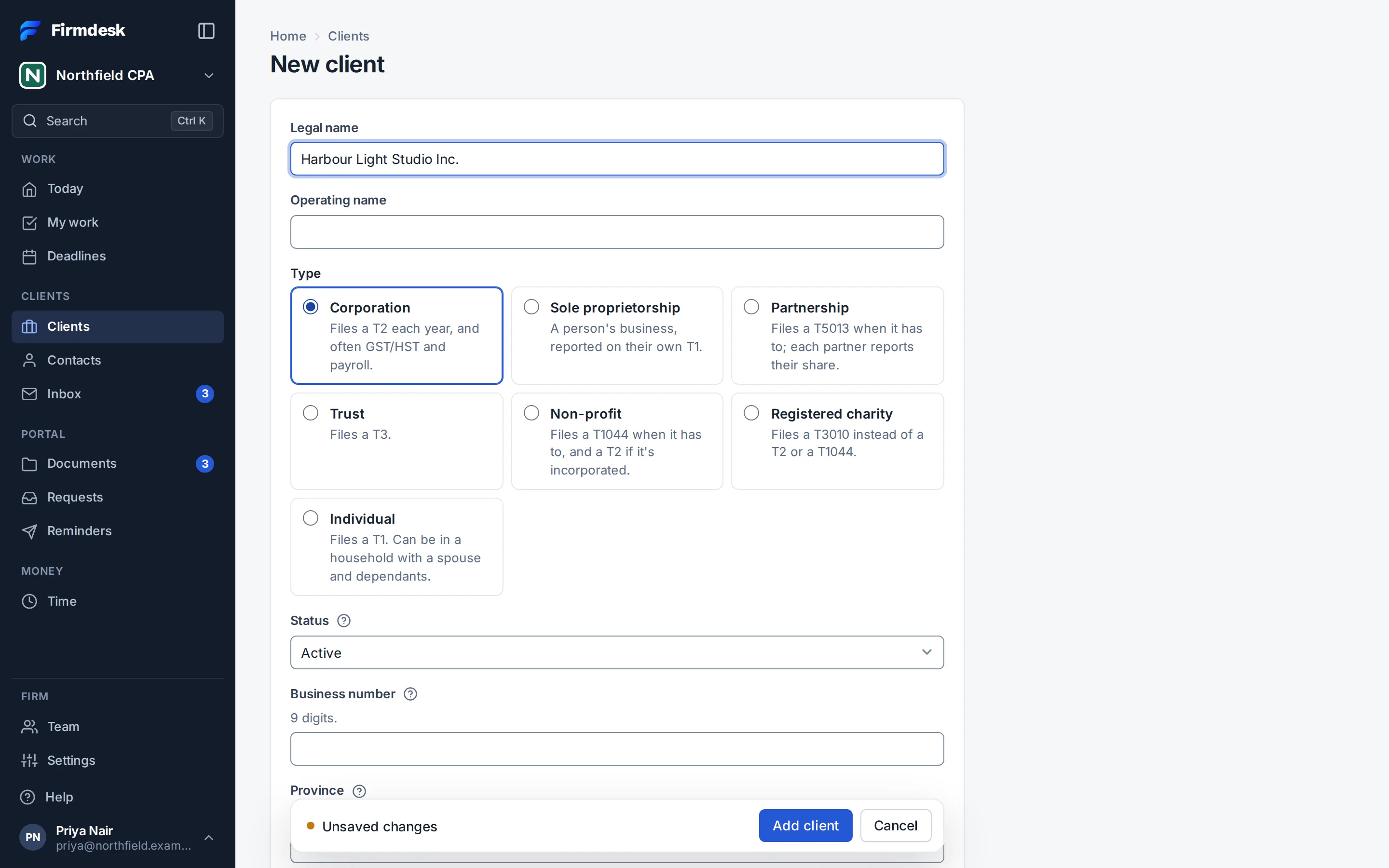 New client: each type says what it files, and the row with Add client stays in reach