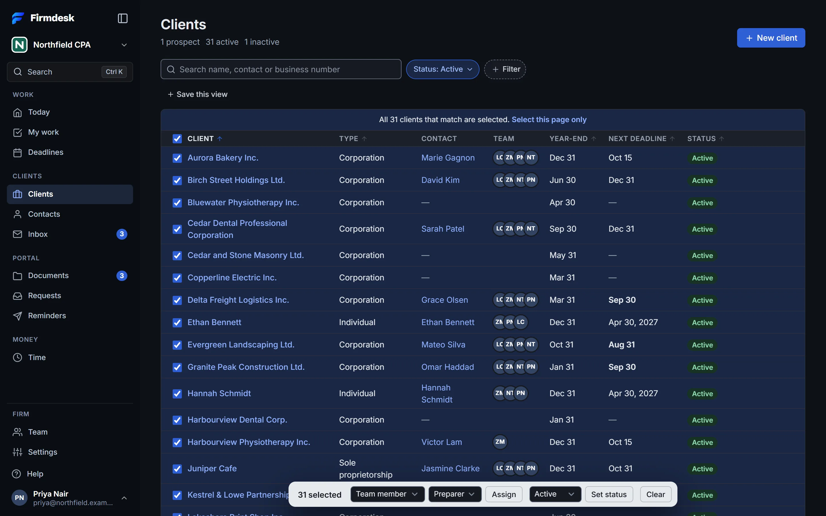 Every client that matches is selected, and the bar says how many