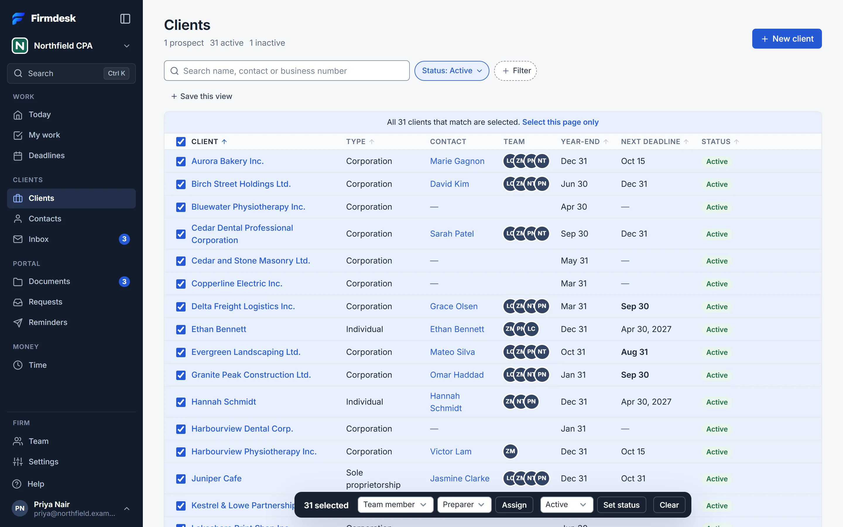 Every client that matches is selected, and the bar says how many